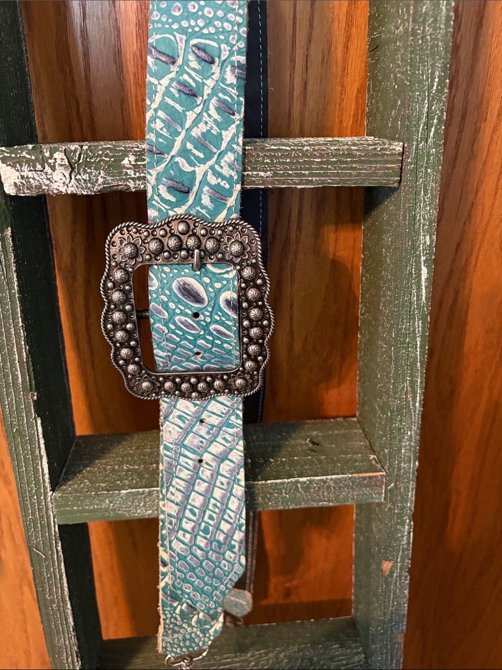 Turquoise Embossed Leather Bag Strap with Decorative Buckle